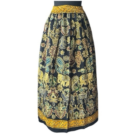 Handmade Dresses & Skirts - Handmade Emchit 9674 printed Embroiderey Black and Yellow Maxi Skirt
